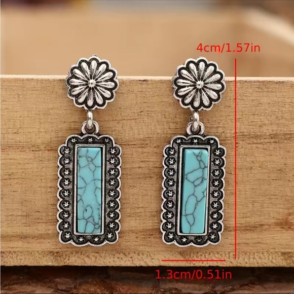 Vintage Boho Silver and Turquoise Bar Drop Earrings - Picture 2 of 5